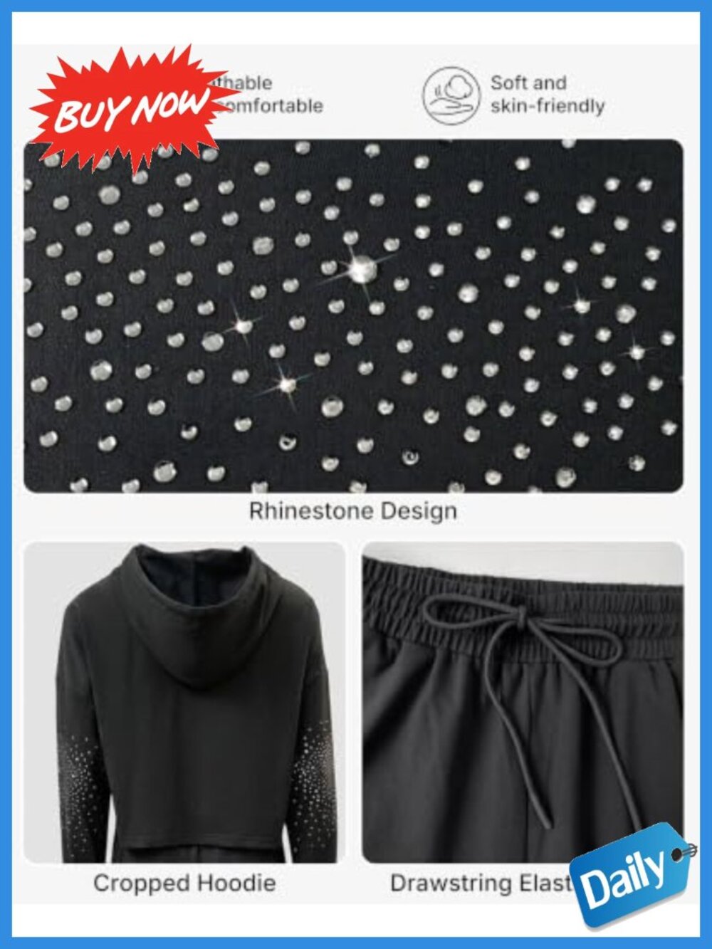 Rhinestone Hoodie Sweatpants Set 2 Piece Cropped Wide Leg Drawstring Womens - Picture 3 of 6